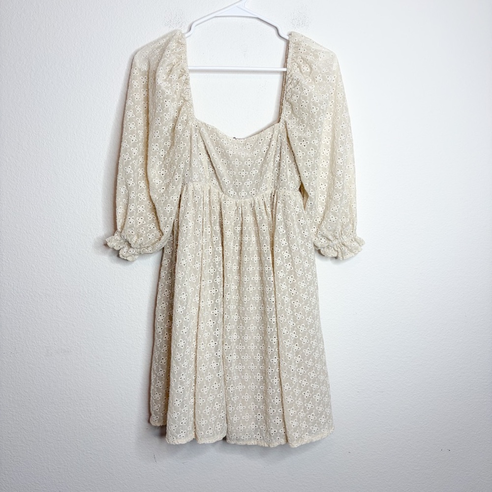 Storia Morning Lavender Cream Floral Bishop Sleeve Mini Dress